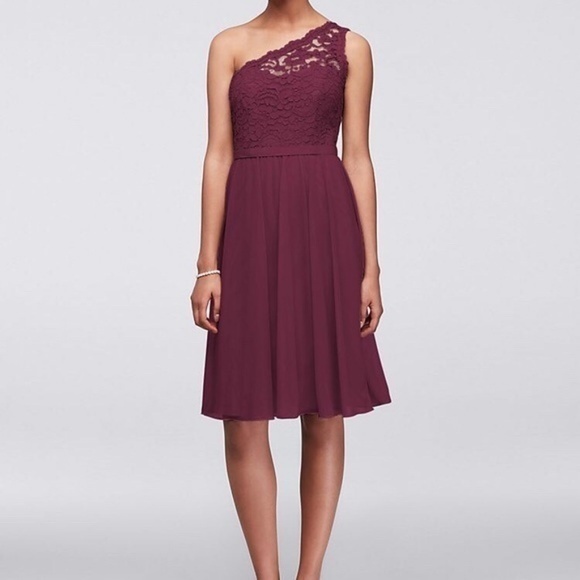 David's Bridal Short One Shoulder Corded Lace Dress Plum Womens Size 6 F… - Picture 1 of 5